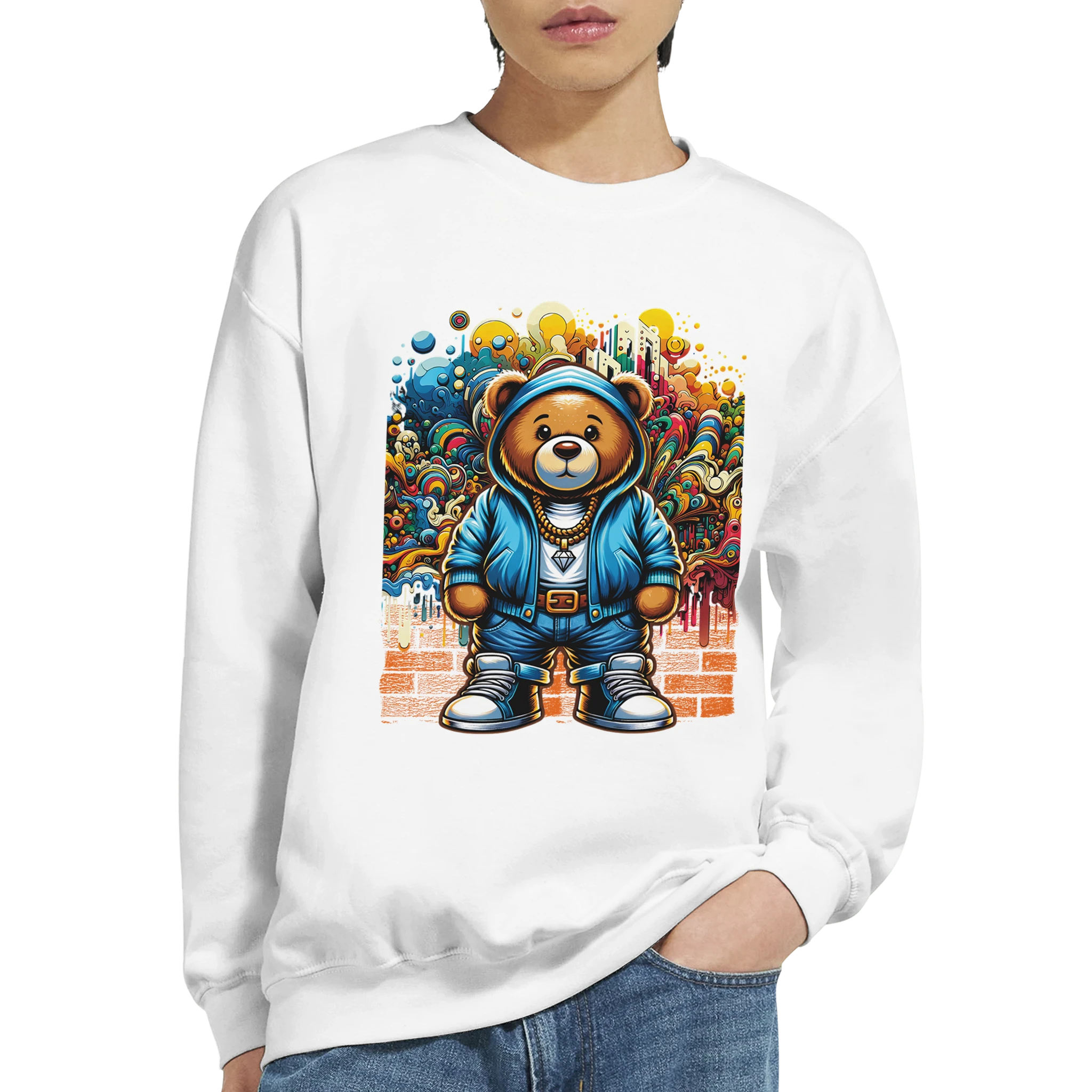 Urban Teddy Bear men's graphic sweatshirt in white with graffiti backdrop and teddy bear graphic; 50/50 cotton-poly