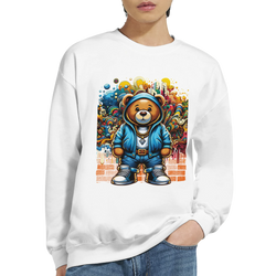 Urban Teddy Bear men's graphic sweatshirt in white with graffiti backdrop and teddy bear graphic; 50/50 cotton-poly