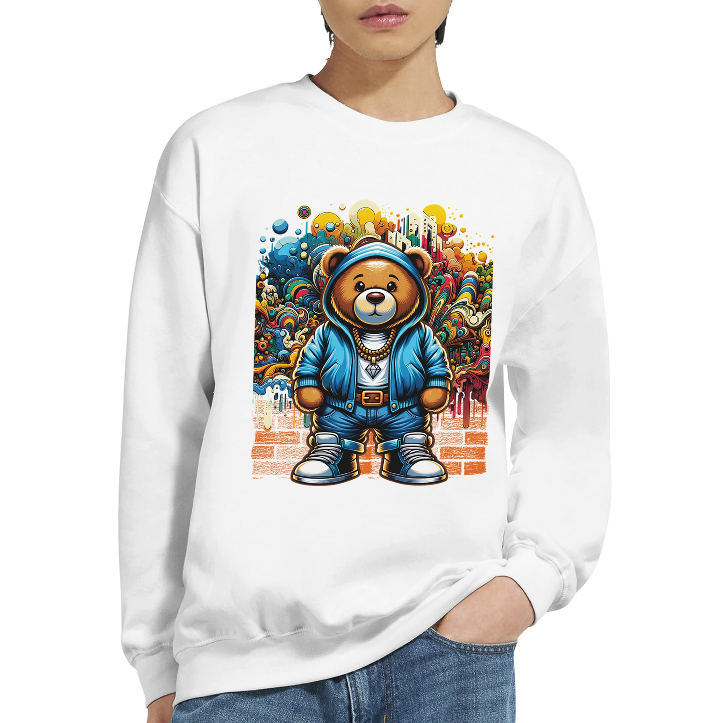 White men's graphic sweatshirt with a colorful bear graphic worn by a person on a white background