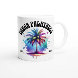 Urban Palm Trees Mug featuring colorful retro palm tree design on white ceramic coffee cup.