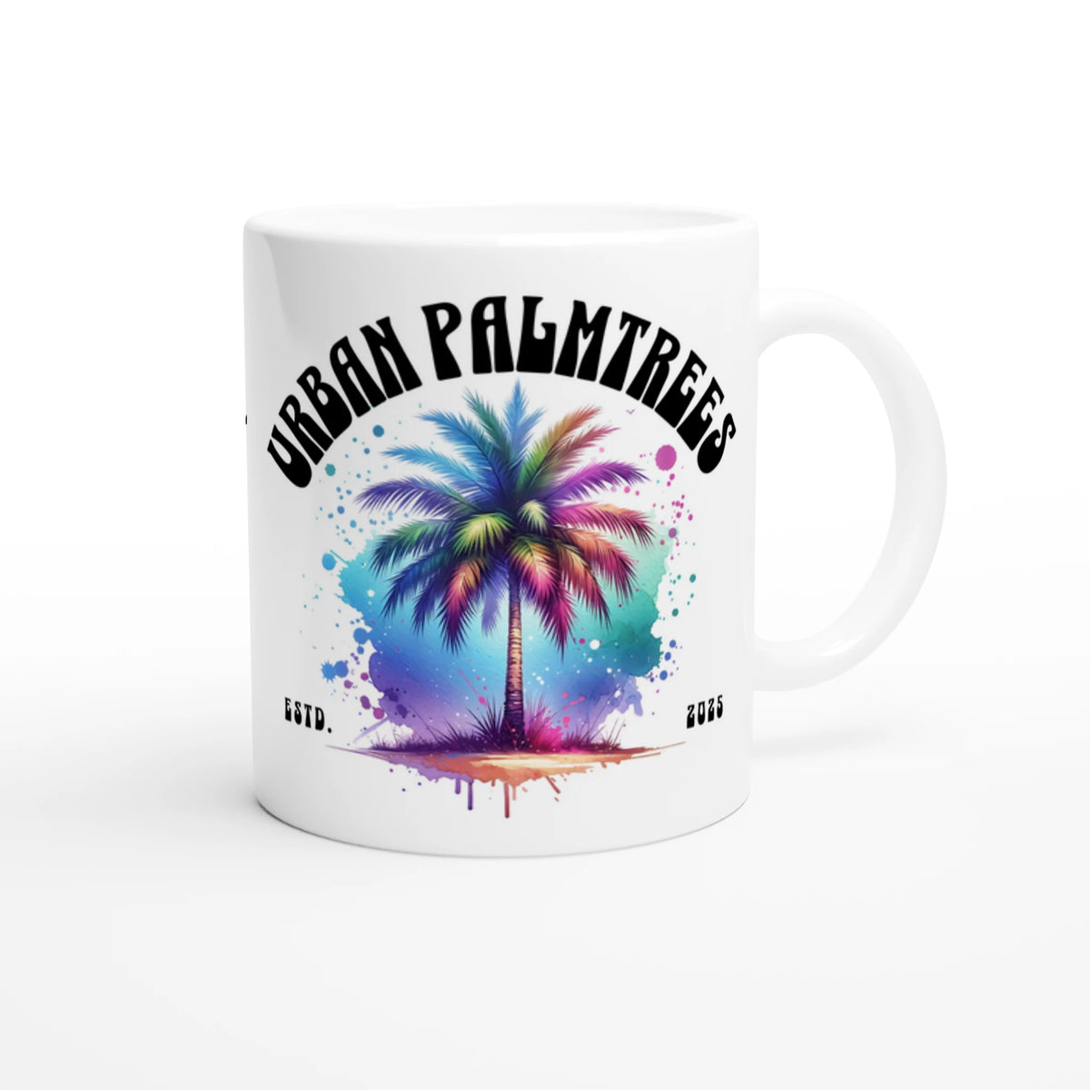 Urban Palm Trees Mug featuring colorful retro palm tree design on white ceramic coffee cup.