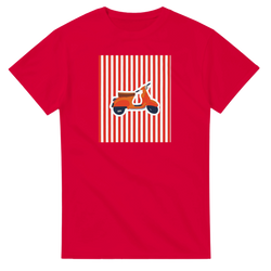 Red vintage mod streetwear t-shirt featuring a retro orange scooter graphic on red and white vertical stripes.