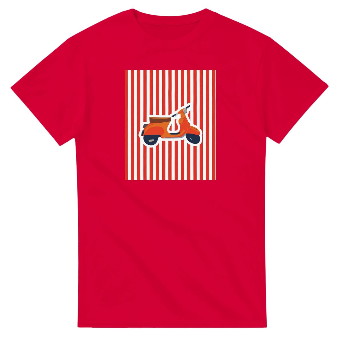 Red vintage mod streetwear t-shirt featuring a retro orange scooter graphic on red and white vertical stripes.