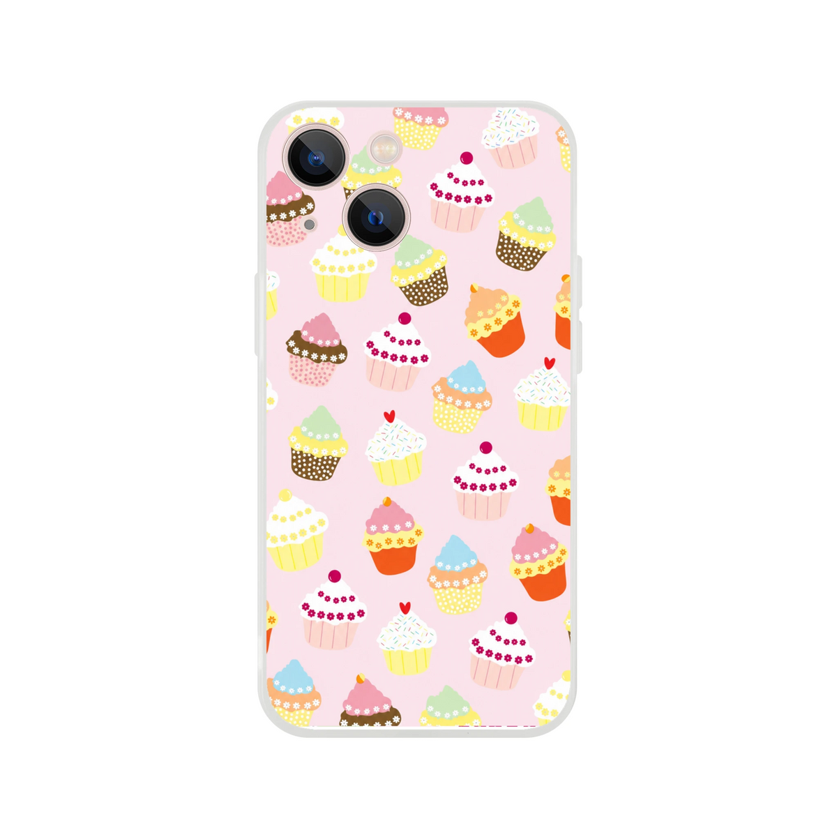 Pastel pink cupcake-pattern iPhone case for 13-16, kawaii sweet-treat design.