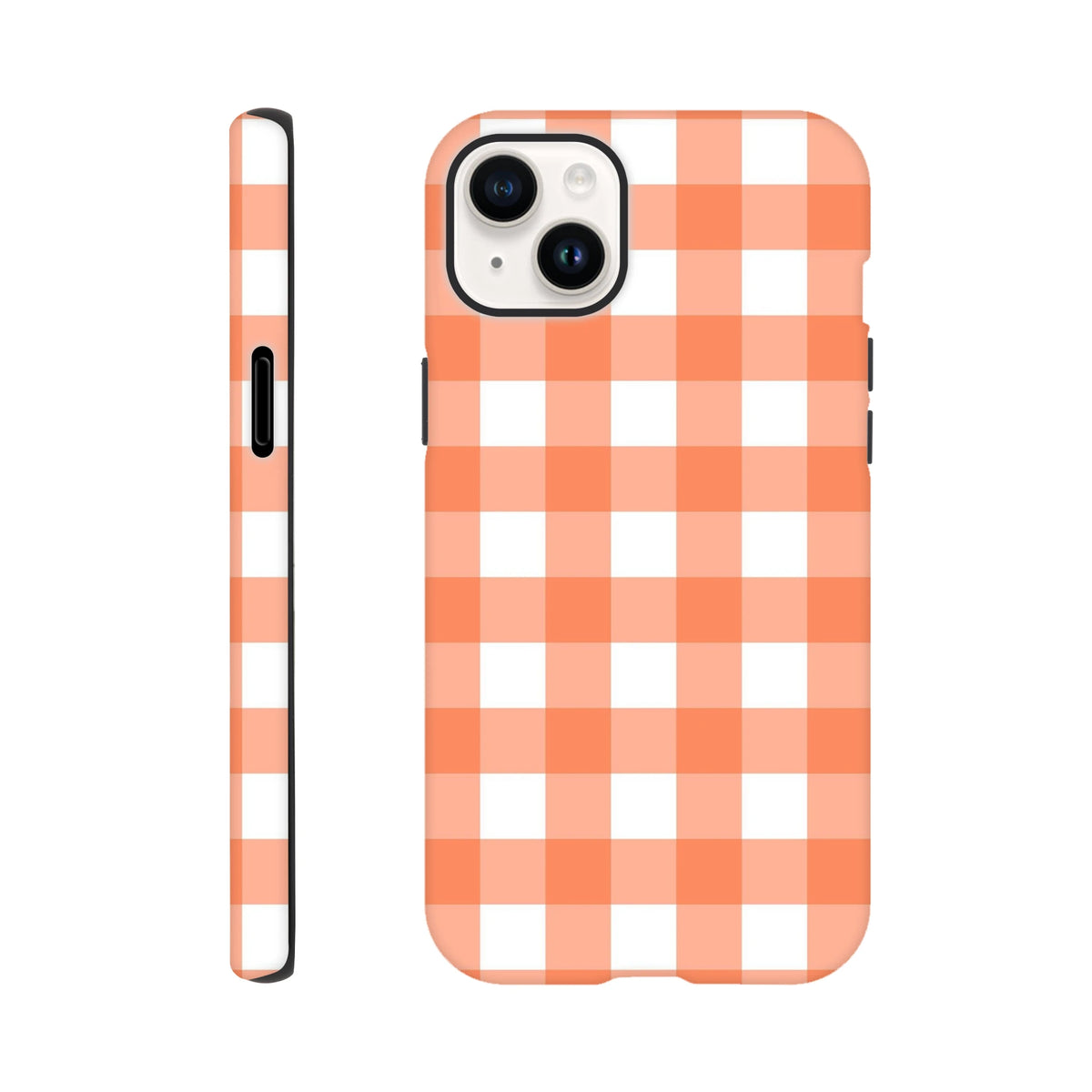 Retro orange and white gingham tough iPhone case featuring a shock-absorbing checkered design for models 13 through 16.