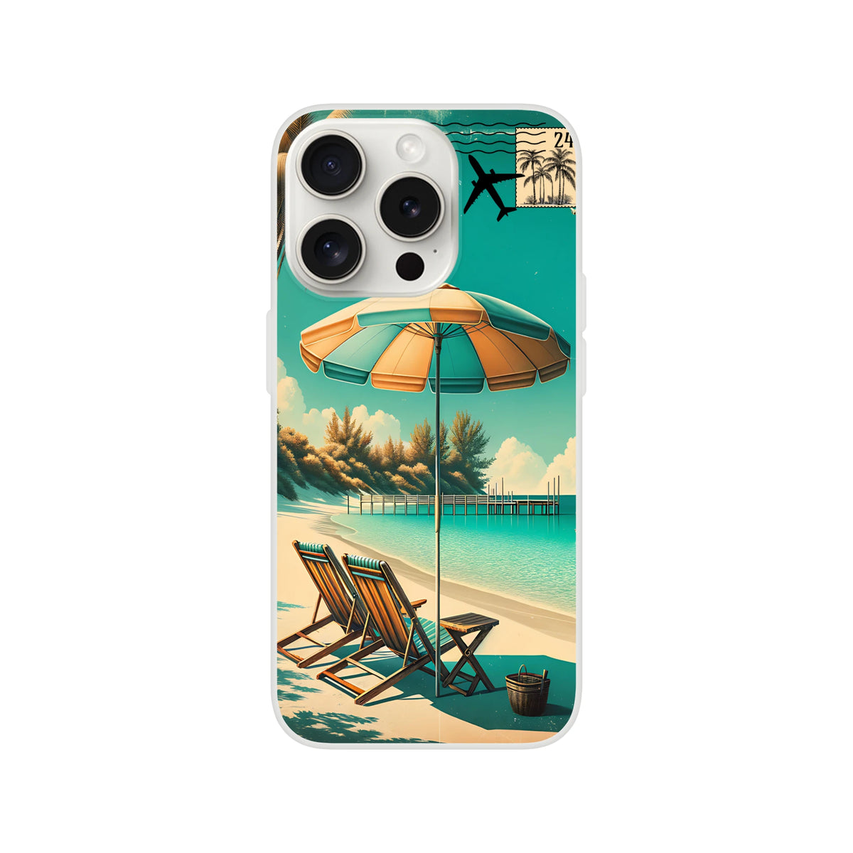 Vintage postcard–style iPhone case (13-16) with palm trees, umbrellas, and beach scene—holiday aesthetic.