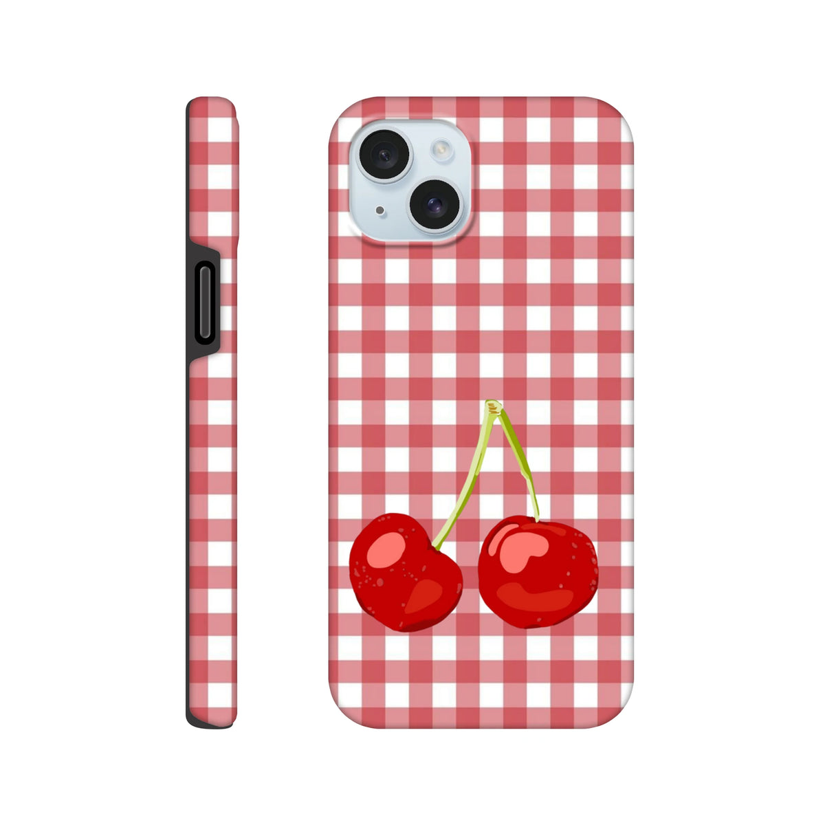 Red gingham iPhone case featuring cute cherry illustration, offering tough drop protection and streetwear style for iPhone 13-16.