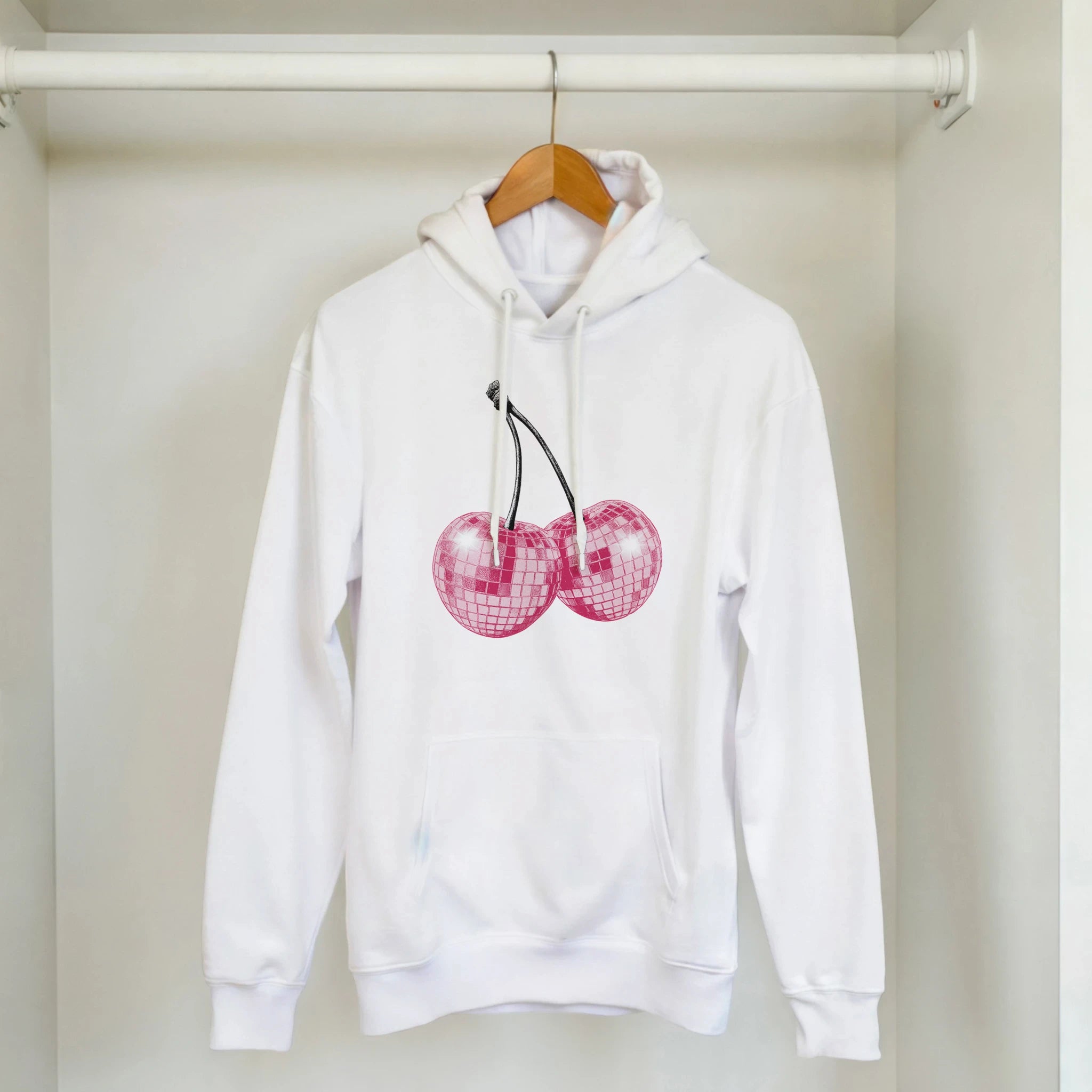 White hoodie with pink glitter cherries graphic, front pocket, drawstring hood, 50/50 cotton-polyester