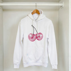 White hoodie with pink glitter cherries graphic, front pocket, drawstring hood, 50/50 cotton-polyester