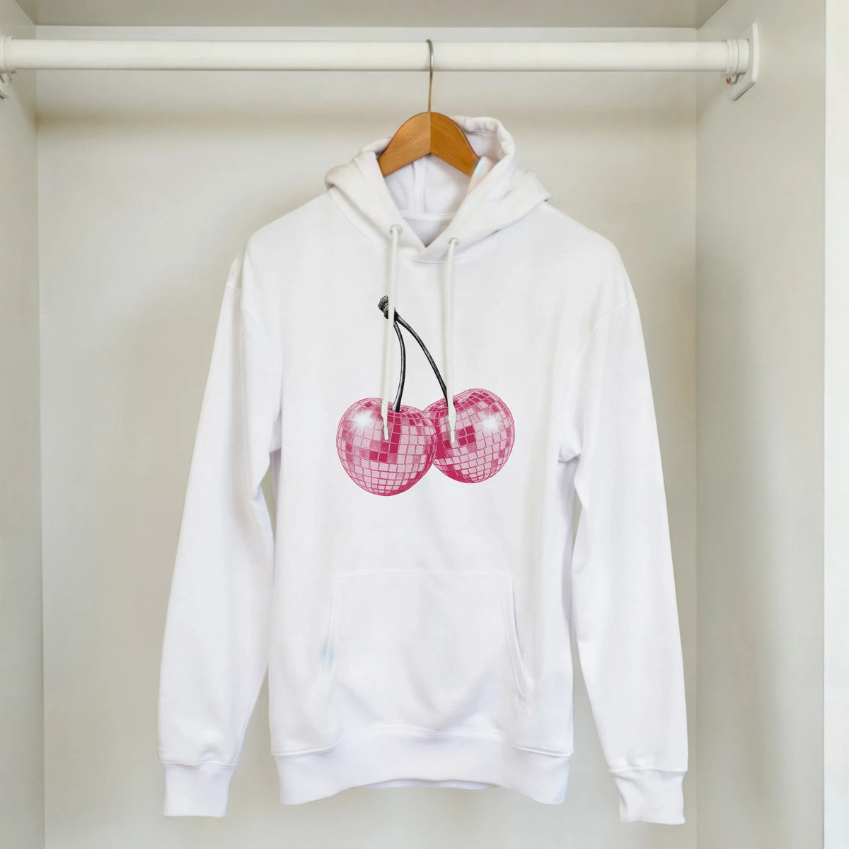 White hoodie with pink glitter cherries graphic, front pocket, drawstring hood, 50/50 cotton-polyester