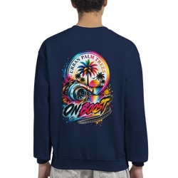 Back of navy On Boost Car Sweatshirt featuring colorful turbocharger graphic with Urban Palm Trees sunset design.