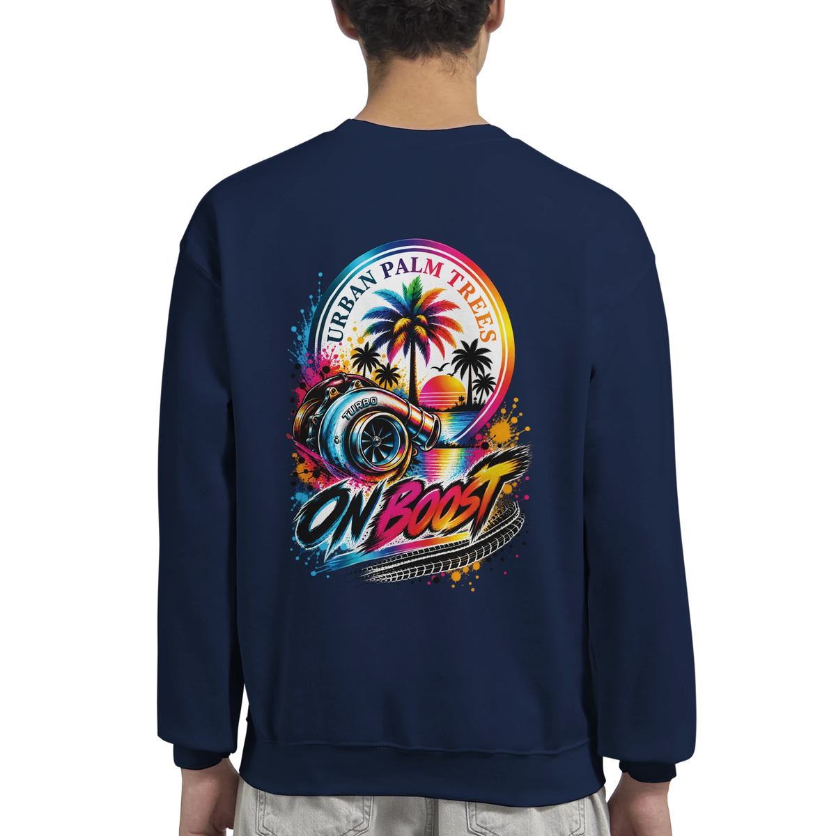 Back of navy On Boost Car Sweatshirt featuring colorful turbocharger graphic with Urban Palm Trees sunset design.