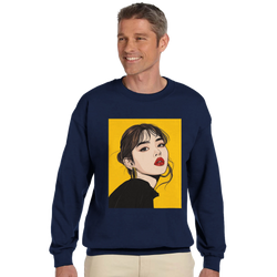Men's navy sweatshirt featuring a pop art woman portrait graphic on a vibrant yellow background.