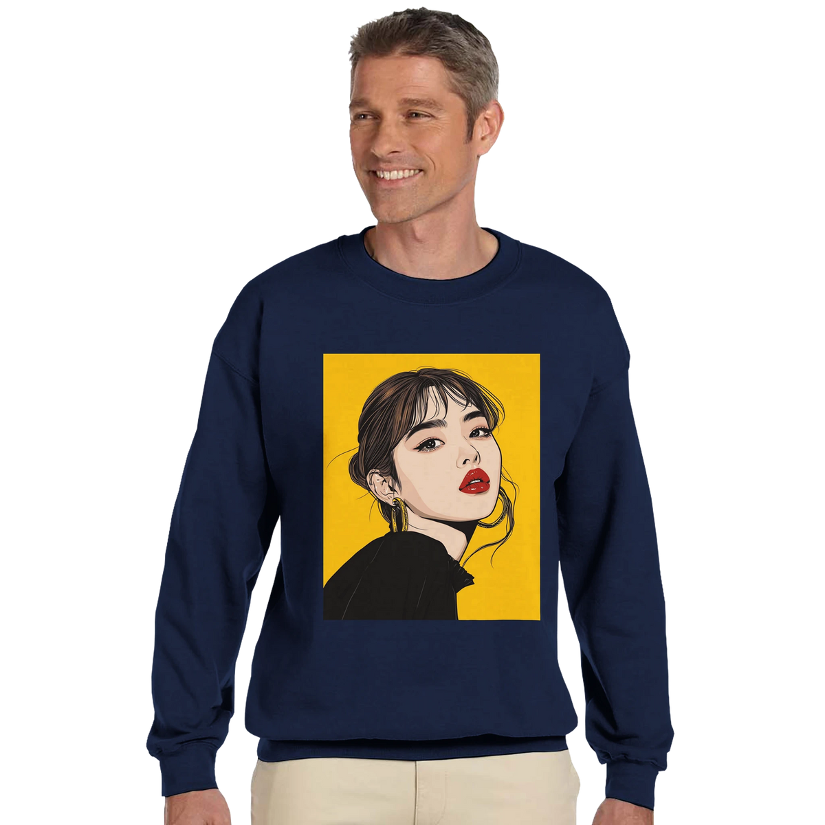 Men's navy sweatshirt featuring a pop art woman portrait graphic on a vibrant yellow background.