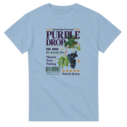 Vintage purple grape graphic tee for women, retro fruit tee with grape vines on light blue shirt.
