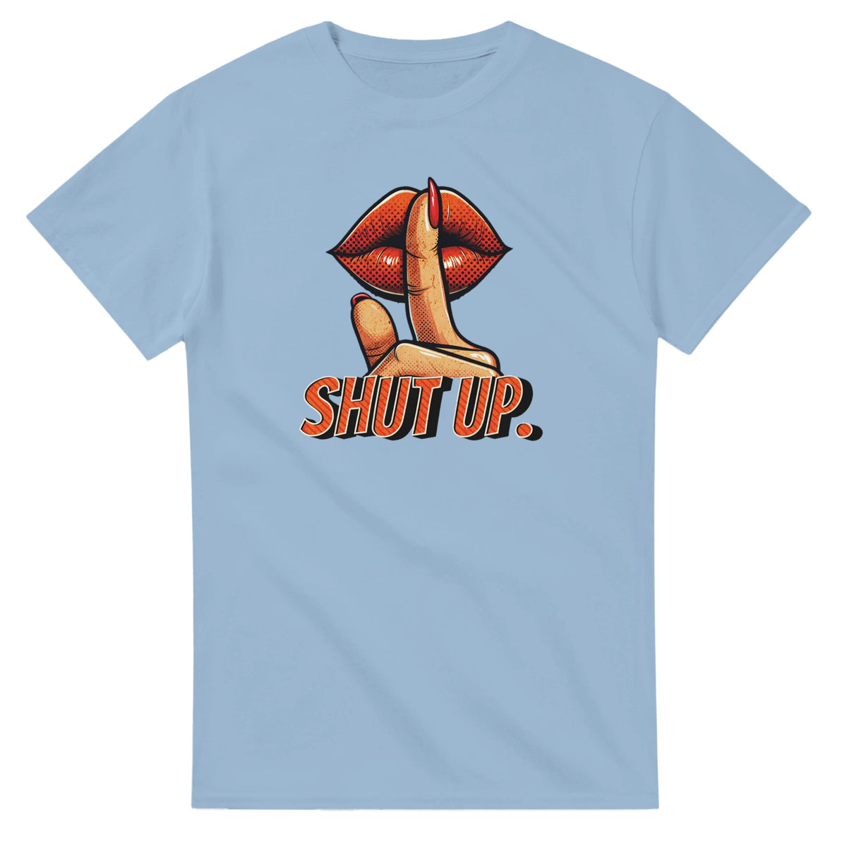 Light blue cotton-blend Lips graphic T-shirt with finger to lips and SHUT UP lettering.