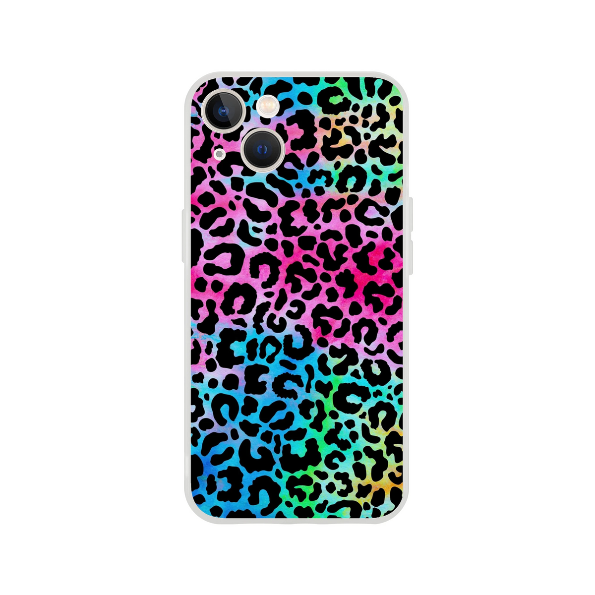 Rainbow leopard print iPhone case for models 13–16 with a slim matte finish.