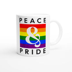 Ceramic Gay Pride mug with rainbow stripes and PEACE & PRIDE lettering.