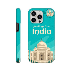 Teal Tough iPhone Case featuring vintage Taj Mahal illustration and "greetings from India" postcard artwork for travel lovers.