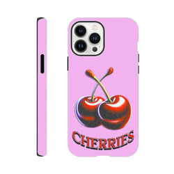 Pink iPhone case featuring a retro Y2K glossy cherry graphic and bold "CHERRIES" text. Durable Tough cover for modern phones.