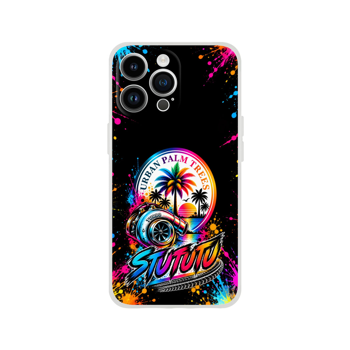 Turbo car culture iPhone case featuring colorful palm tree sunset, turbocharger graphic, and vibrant paint splatter art on black background.