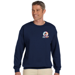 Navy blue crewneck sweatshirt featuring a colorful Urban Palm Trees Full Send palm tree graphic on the chest.