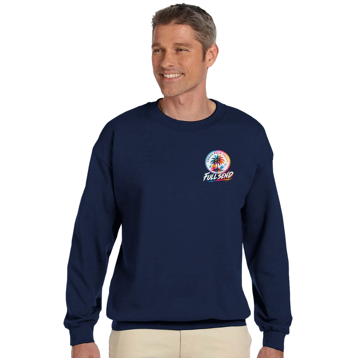 Navy blue crewneck sweatshirt featuring a colorful Urban Palm Trees Full Send palm tree graphic on the chest.