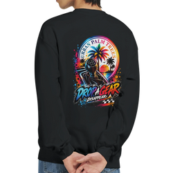 Black petrolhead sweatshirt featuring colorful "Drop A Gear" graphic with manual shifter and palm trees on back.