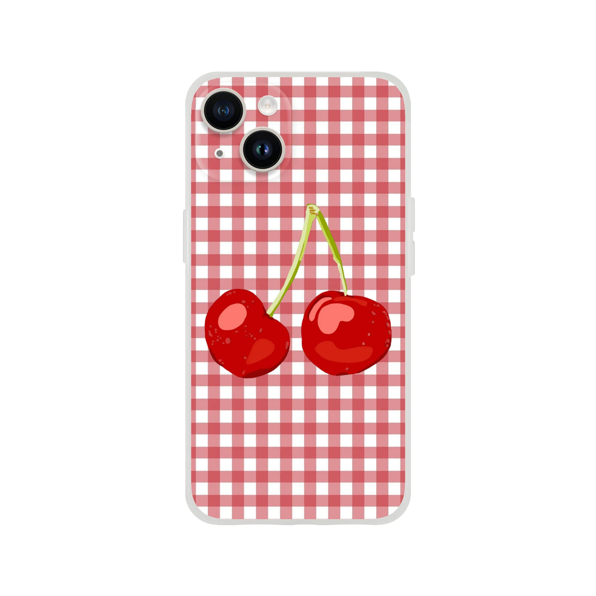 Cute cherry gingham iPhone case for iPhone 13–16 Coquette vibe with red cherries on red-and-white checkered background.
