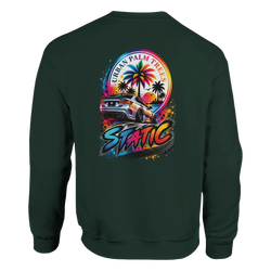 Dark green petrolhead sweatshirt featuring a colorful static slammed car graphic with palm trees and retro sunset typography.