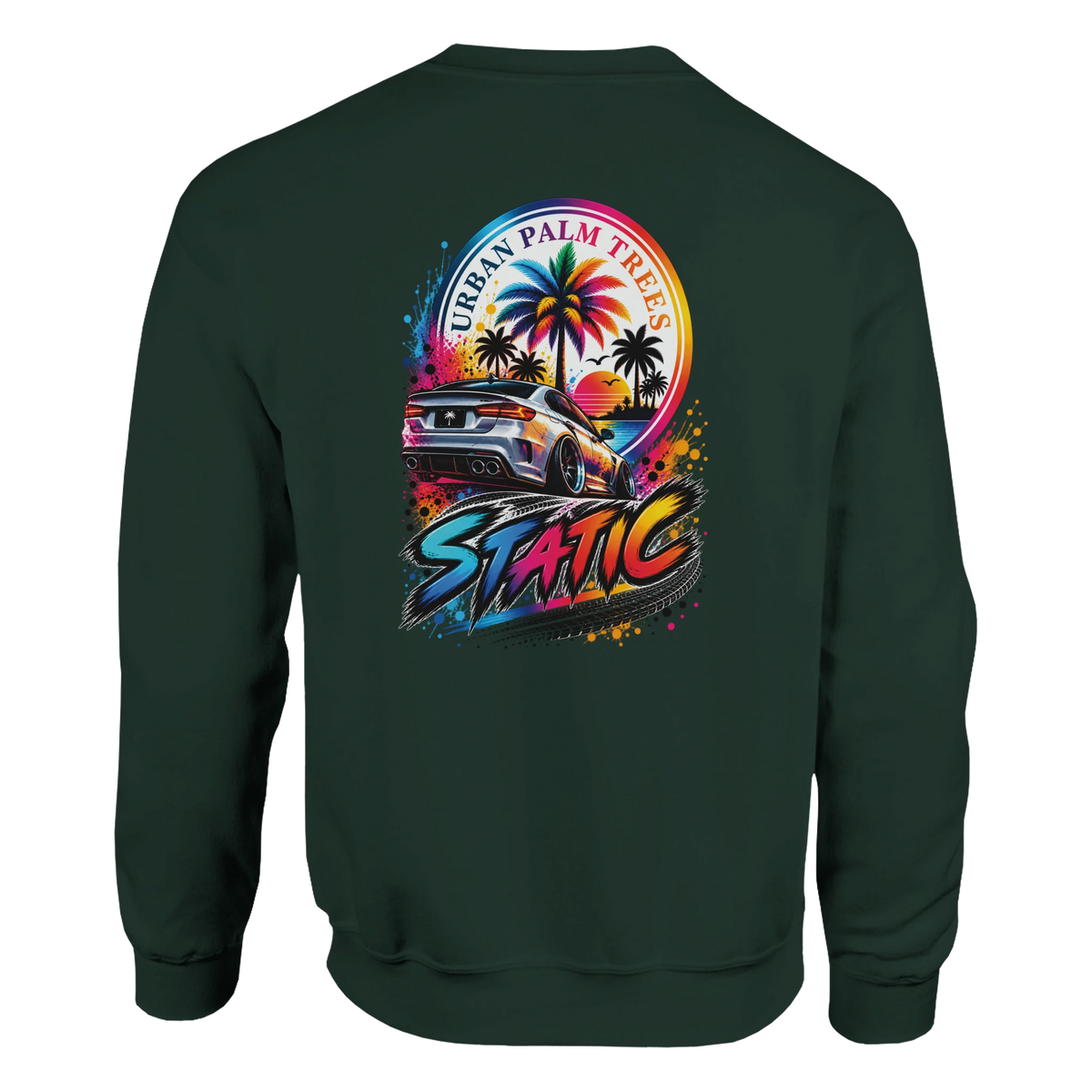 Dark green petrolhead sweatshirt featuring a colorful static slammed car graphic with palm trees and retro sunset typography.