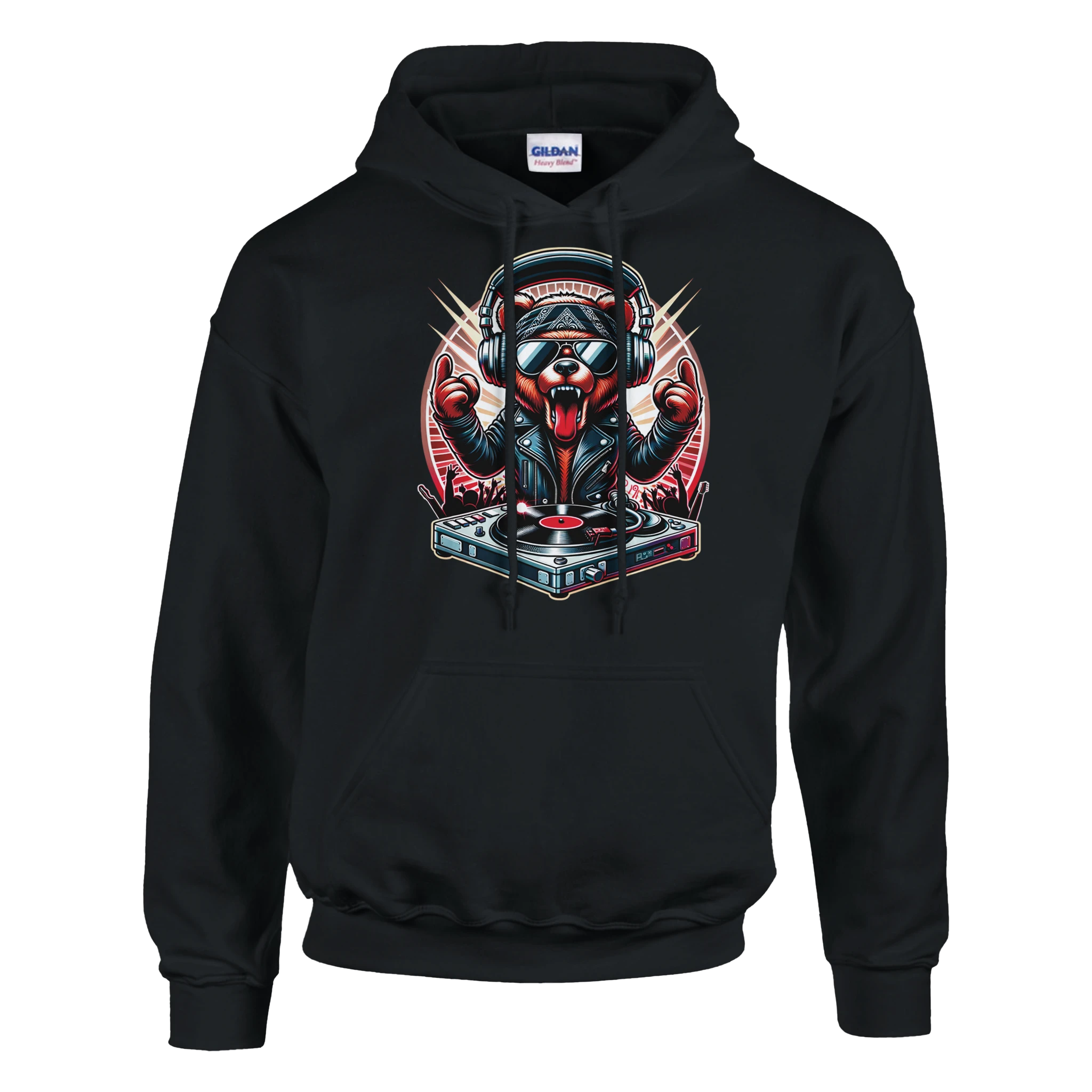 Men's black DJ Bear hoodie with bold bear DJ graphic, headphones, sunglasses, and turntable.