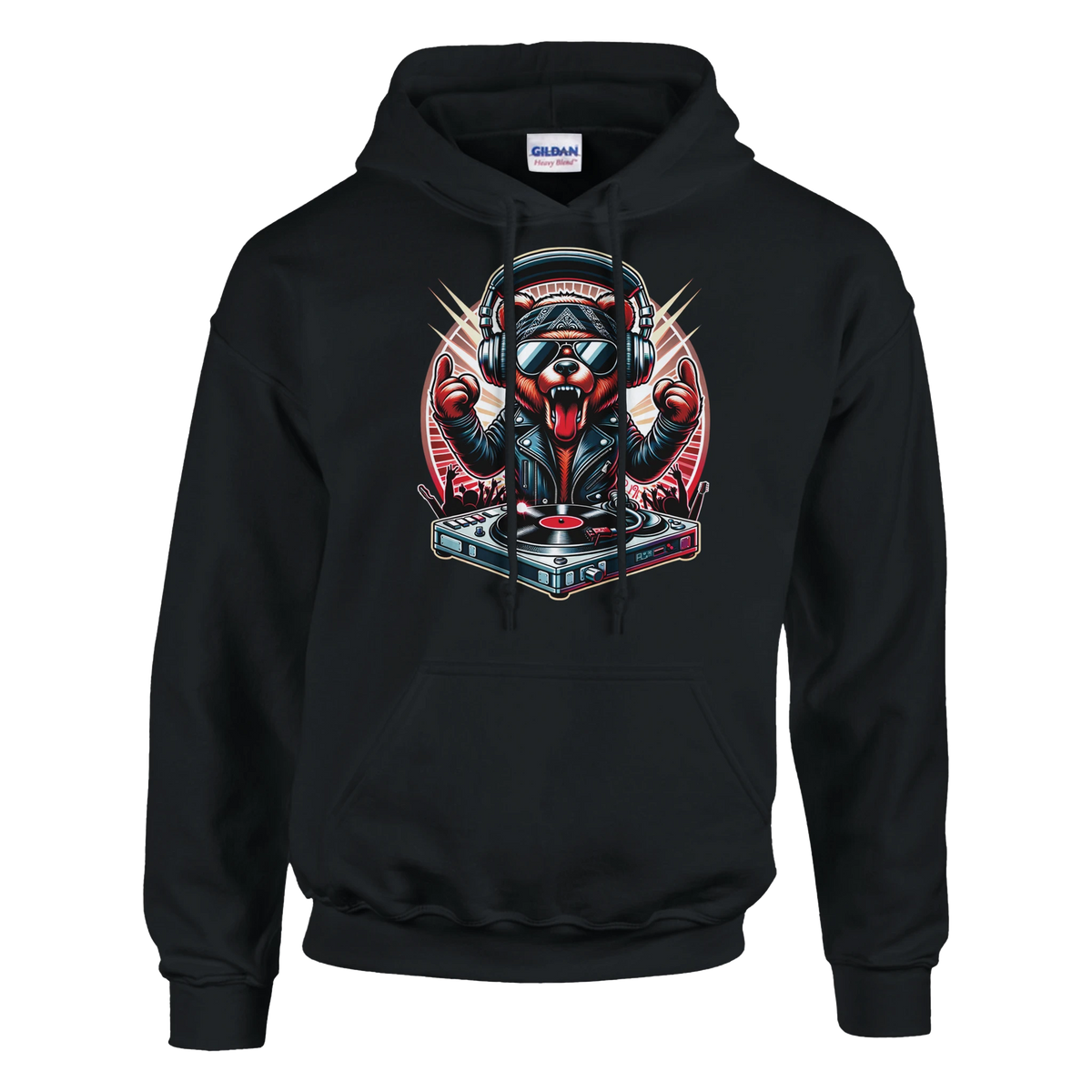 Men's black DJ Bear hoodie with bold bear DJ graphic, headphones, sunglasses, and turntable.