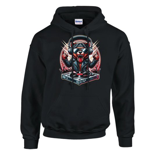 Black men's bear hoodie with a graphic of a bear DJ on a white background