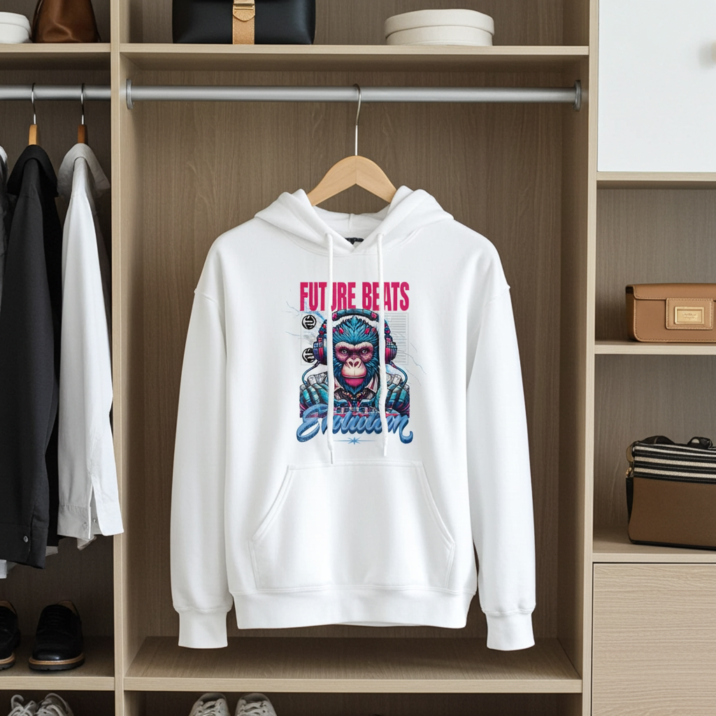 White hoodie with colorful graphic design hanging in a wardrobe.
