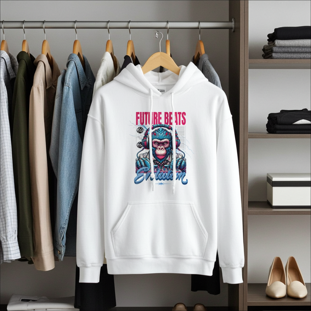 White hoodie with graphic design hanging on a rack in a clothing store.