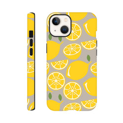 Cute yellow lemon tough iPhone case featuring a bold citrus pattern and drop guard handling for daily city use.