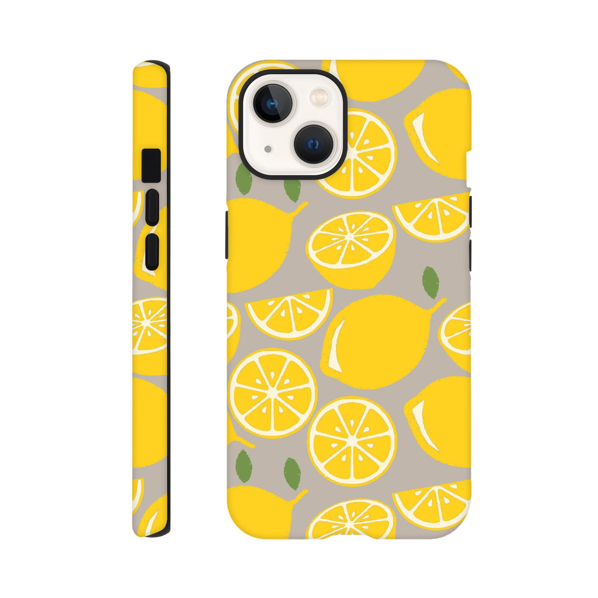 Cute yellow lemon tough iPhone case featuring a bold citrus pattern and drop guard handling for daily city use.