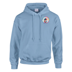 Light blue hoodie featuring a colorful circular Urban Palm Trees graphic on the chest and a front pouch pocket.