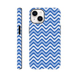Blue and white retro zigzag iPhone case with glossy finish. Tough dual-layer design offers shock absorption and wraparound protection for daily impact resistance.