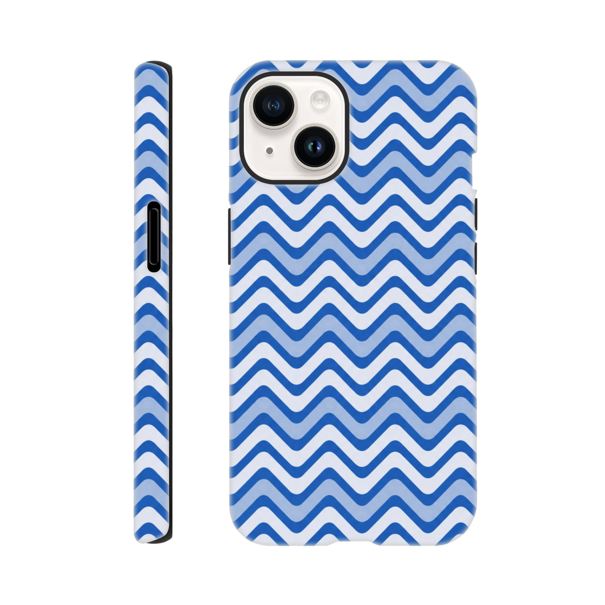 Blue and white retro zigzag iPhone case with glossy finish. Tough dual-layer design offers shock absorption and wraparound protection for daily impact resistance.
