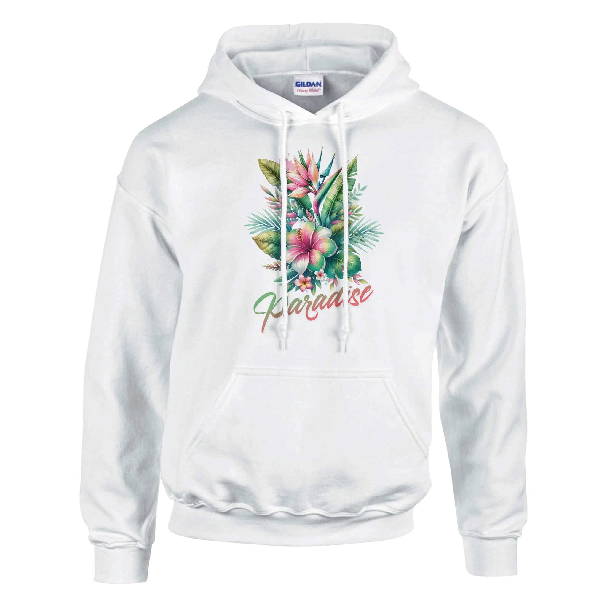 White women's hoodie with tropical paradise floral graphic featuring palm trees, Y2K aesthetic pullover.