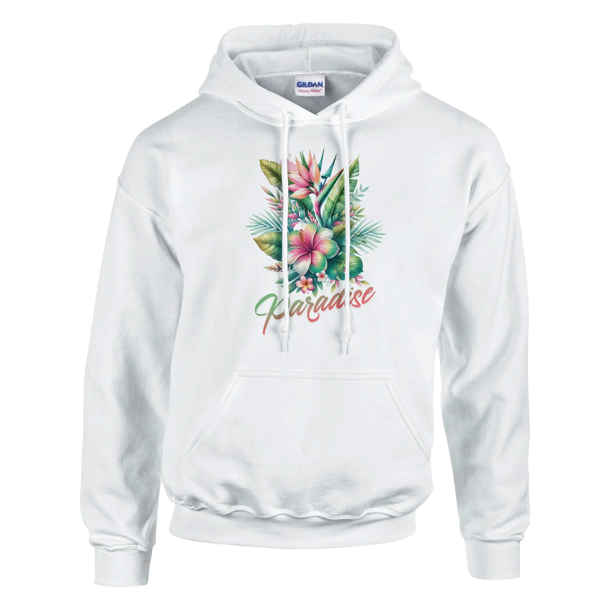 White women's hoodie with tropical paradise floral graphic featuring palm trees, Y2K aesthetic pullover.