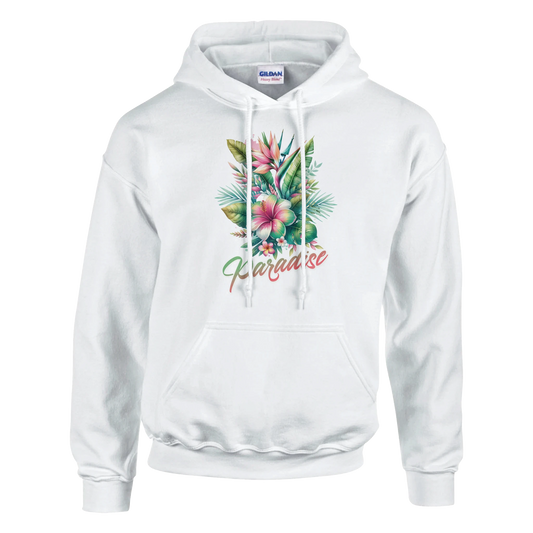 White women's hoodie with tropical paradise floral graphic featuring palm trees, Y2K aesthetic pullover.