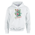 White women's hoodie with tropical paradise floral graphic featuring palm trees, Y2K aesthetic pullover.