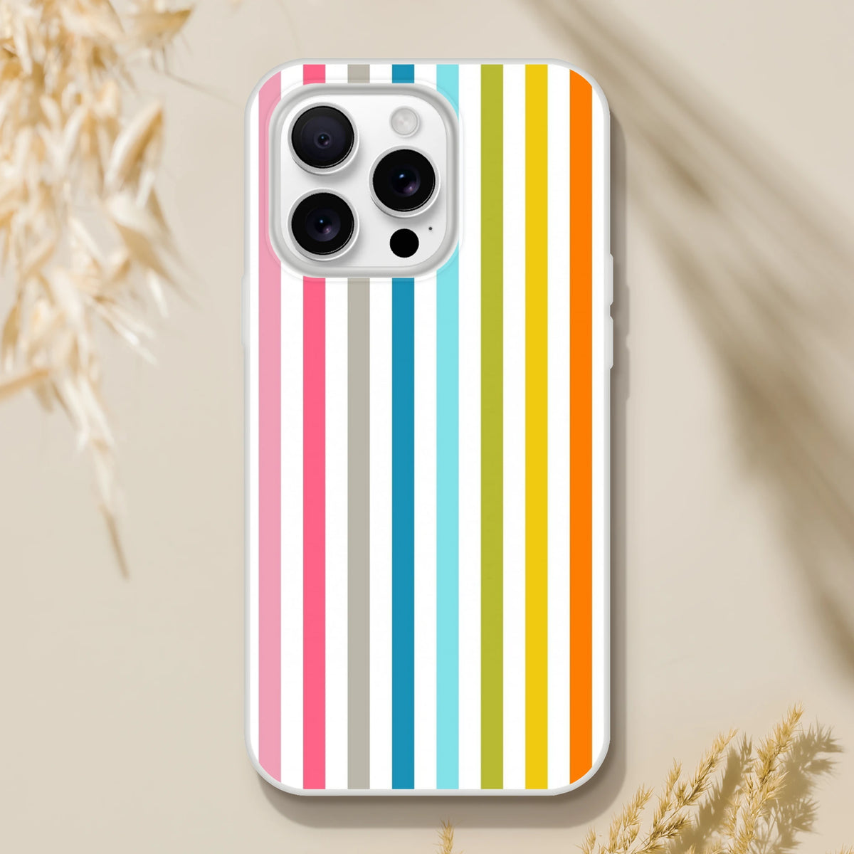 Pastel rainbow stripe iPhone case with frosted translucent shell for iPhone 13–16.
