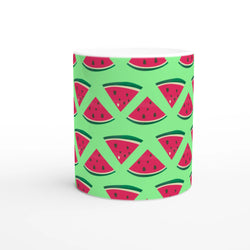 Cute ceramic mug featuring a repeating pattern of red watermelon slices on a lime green background for a fresh summer vibe.