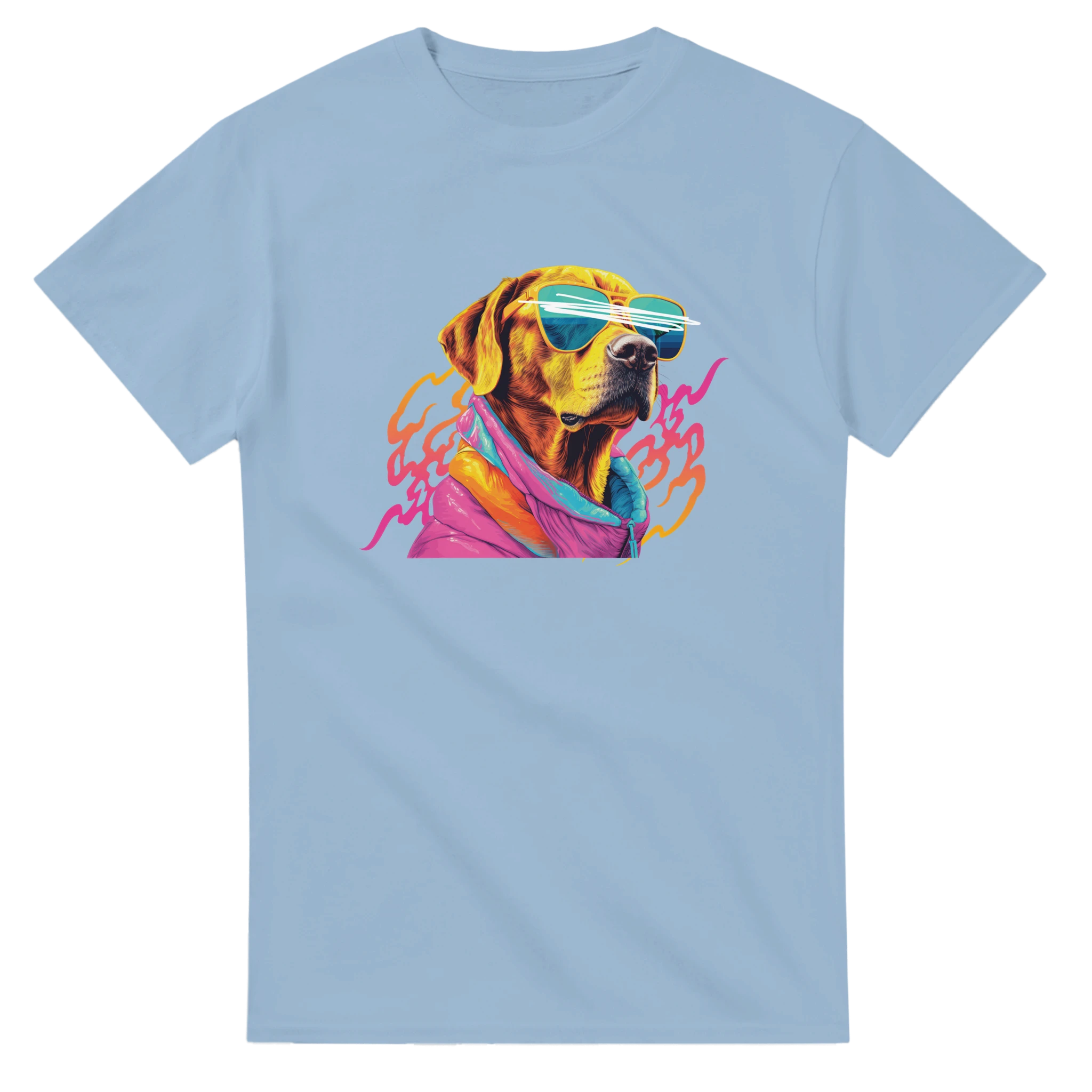 Pastel blue women's graphic tee with a colorful dog wearing neon sunglasses and scarf.