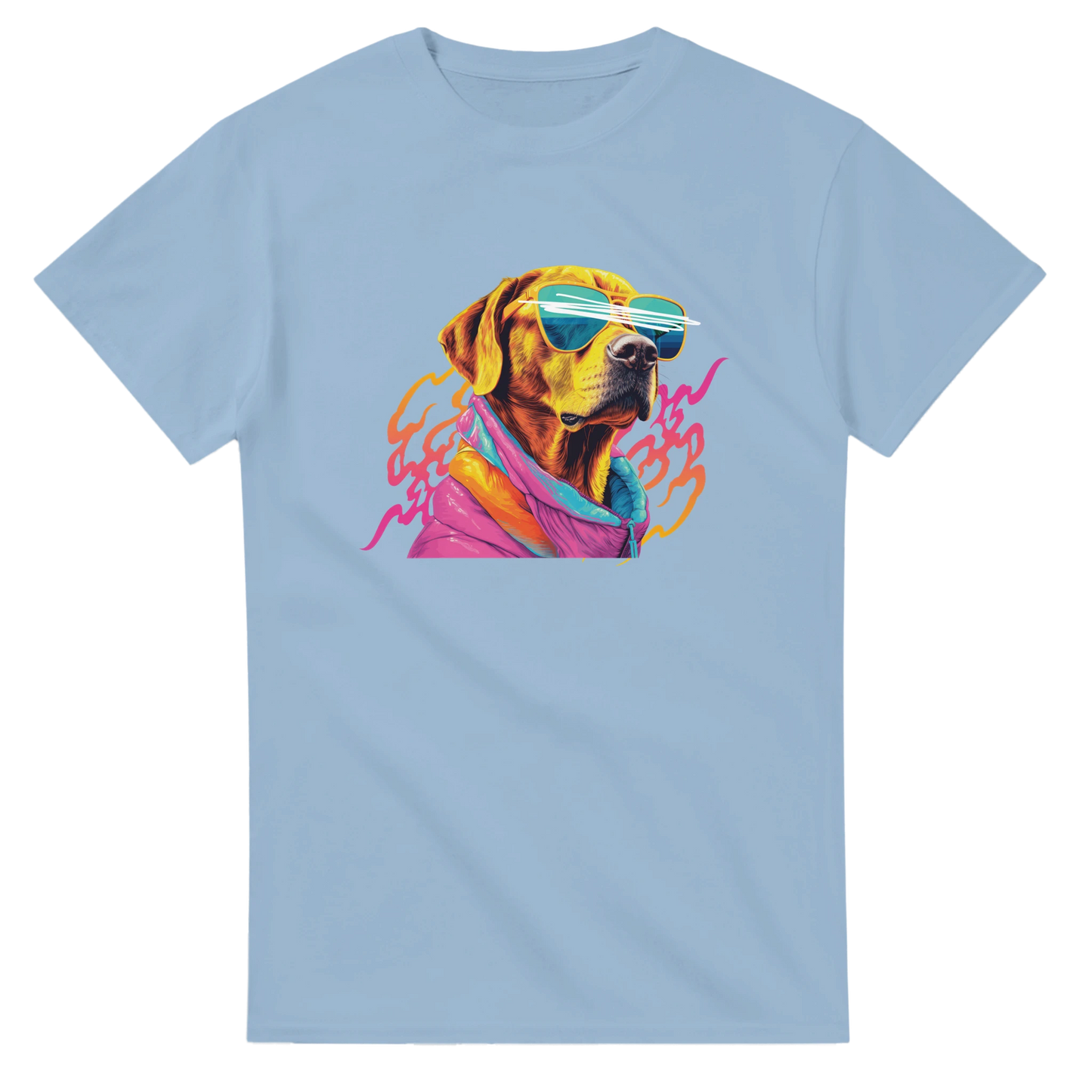 Pastel blue women's graphic tee with a colorful dog wearing neon sunglasses and scarf.