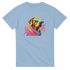 Pastel blue women's graphic tee with a colorful dog wearing neon sunglasses and scarf.